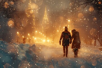 Couple Walking Through Snowy City Street at Night With Festive Lights