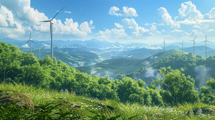 Photorealistic panoramic view of the Blue Ridge Mountains with wind turbines on the peaks clear blue skies lush green landscape natural lighting