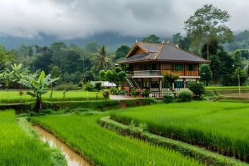 Charming Two-Story Thai Farmhouse Nestled Amidst Lush Rice Terraces and Vibrant Foliage Under Overcast Skies