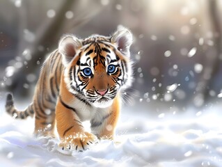 Obraz premium Adorable Baby Tiger Cub Exploring Snowy Landscape in Cartoon Painting Style