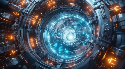 Obraz premium Futuristic Spaceship Interior With Orange And Blue Lights