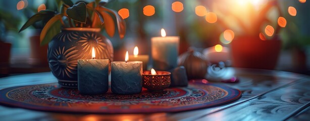 Business tarot reading, mystical elements, bright candles