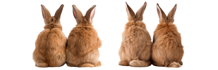 Fluffy rabbits sitting from behind isolated on transparent background