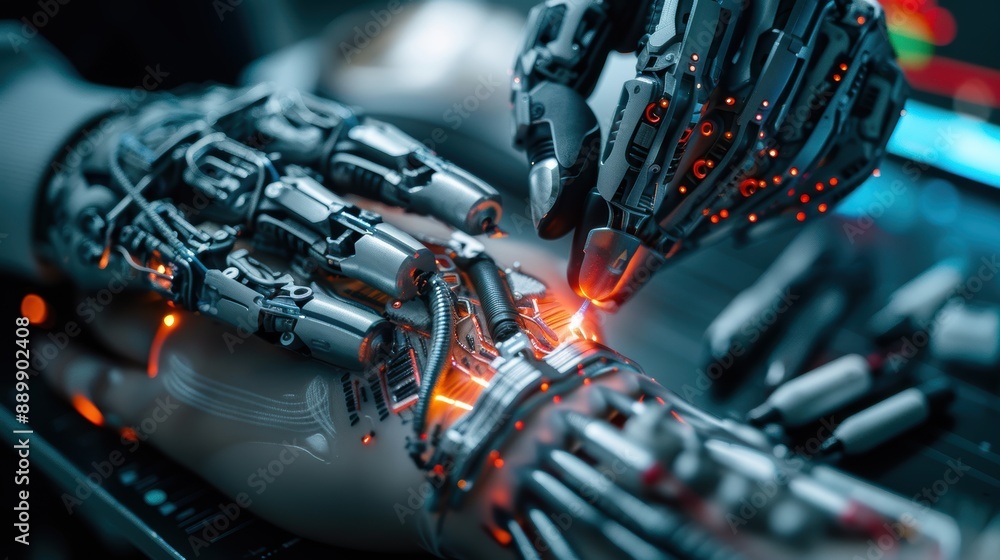 Poster a robot is touching a human hand with a red light on it