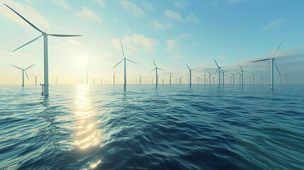 Ultra-detailed image of an offshore wind power farm with numerous turbines in the ocean clear blue skies photorealistic natural light highlighting sustainable energy sources
