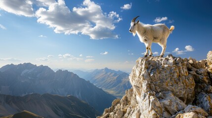 A goat stands on a rocky mountain peak, looking out over the landscape
