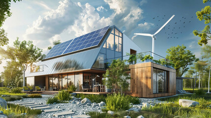 Obraz premium Ultra-detailed scene of a modern eco-friendly house with solar panels and wind turbines sustainable living