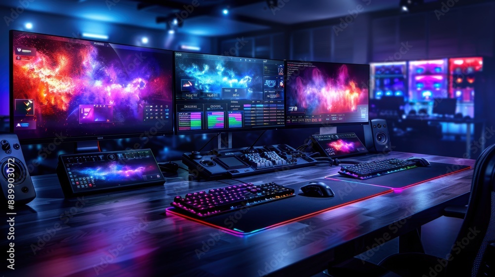 Poster a computer workstation with a large monitor, keyboard, and mouse