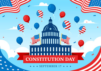 Happy Constitution Day United States Vector Illustration Vector Illustration on September 17th with an American Waving Flag and the Capitol Building