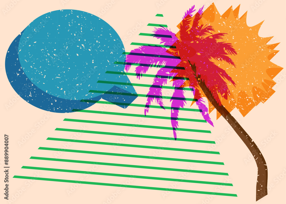 Wall mural Risograph Palm Tree with speech bubble with geometric shapes. Objects in trendy riso graph print texture style design with geometry elements.