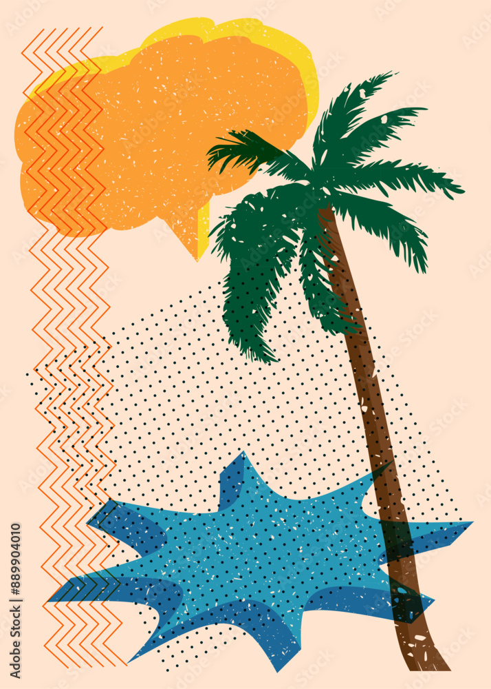 Poster risograph palm tree with speech bubble with geometric shapes. objects in trendy riso graph print tex