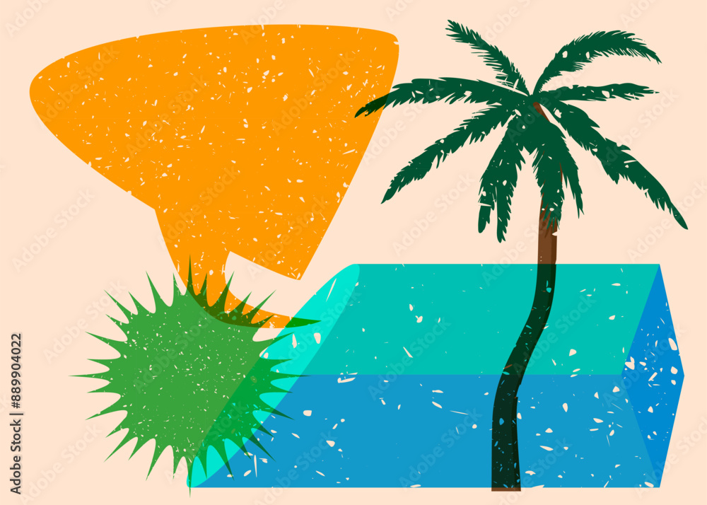 Poster risograph palm tree with speech bubble with geometric shapes. objects in trendy riso graph print tex