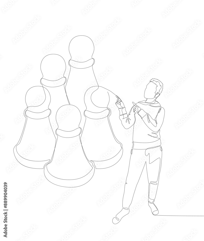 Poster one continuous line of man pointing with finger at pawn, chess piece. thin line illustration vector 