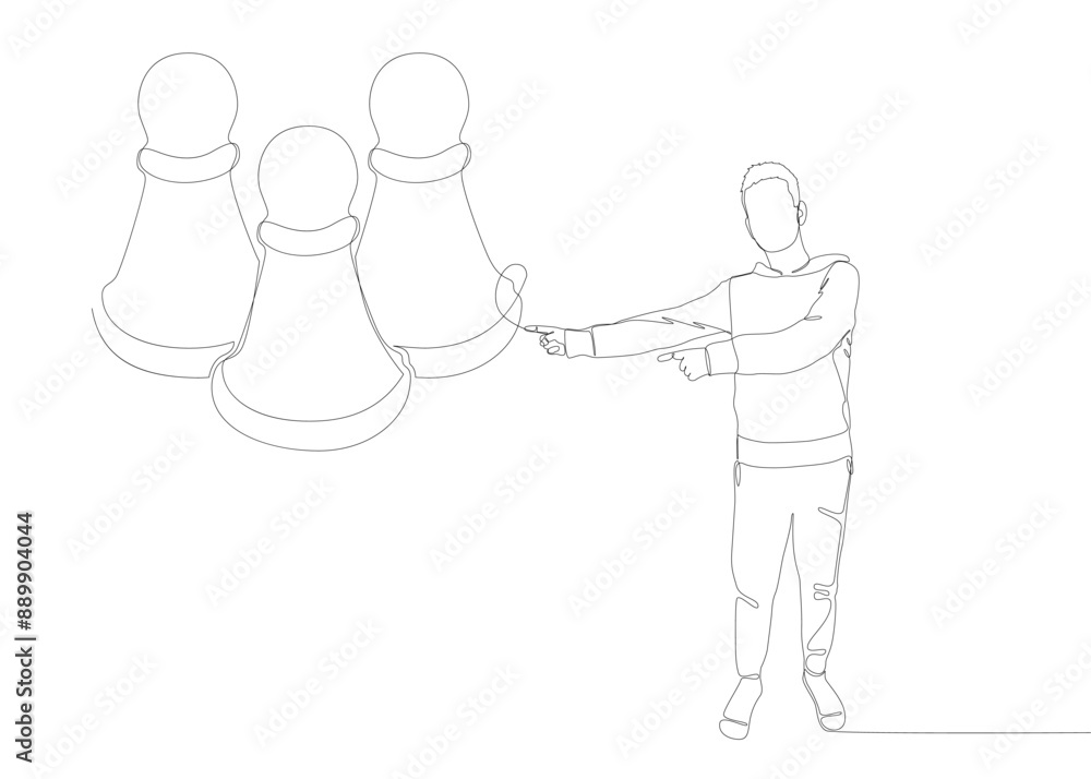 Poster one continuous line of man pointing with finger at pawn, chess piece. thin line illustration vector 