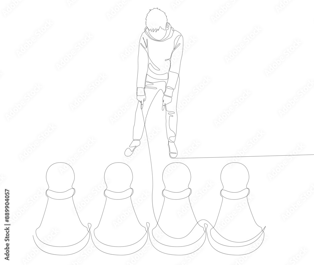 Poster one continuous line of man pointing with finger at pawn, chess piece. thin line illustration vector 
