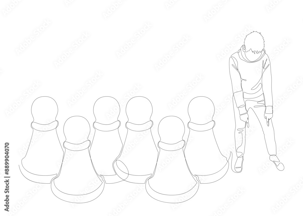 Poster one continuous line of man pointing with finger at pawn, chess piece. thin line illustration vector 