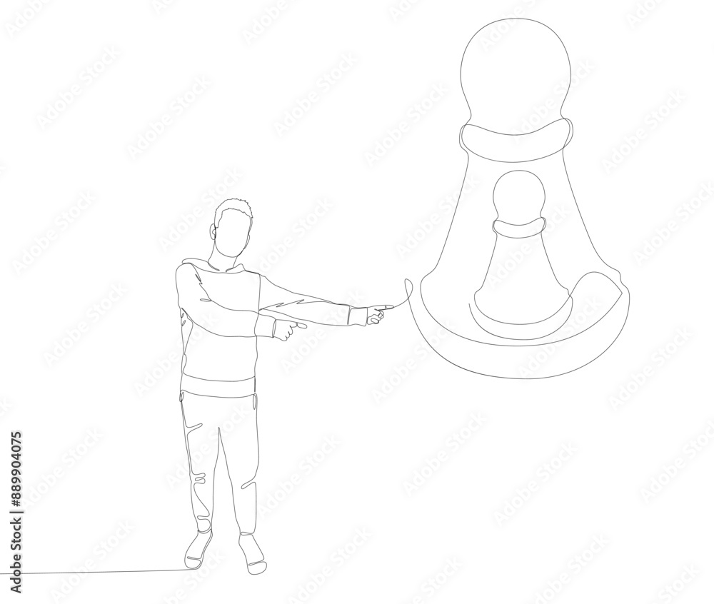 Poster one continuous line of man pointing with finger at pawn, chess piece. thin line illustration vector 