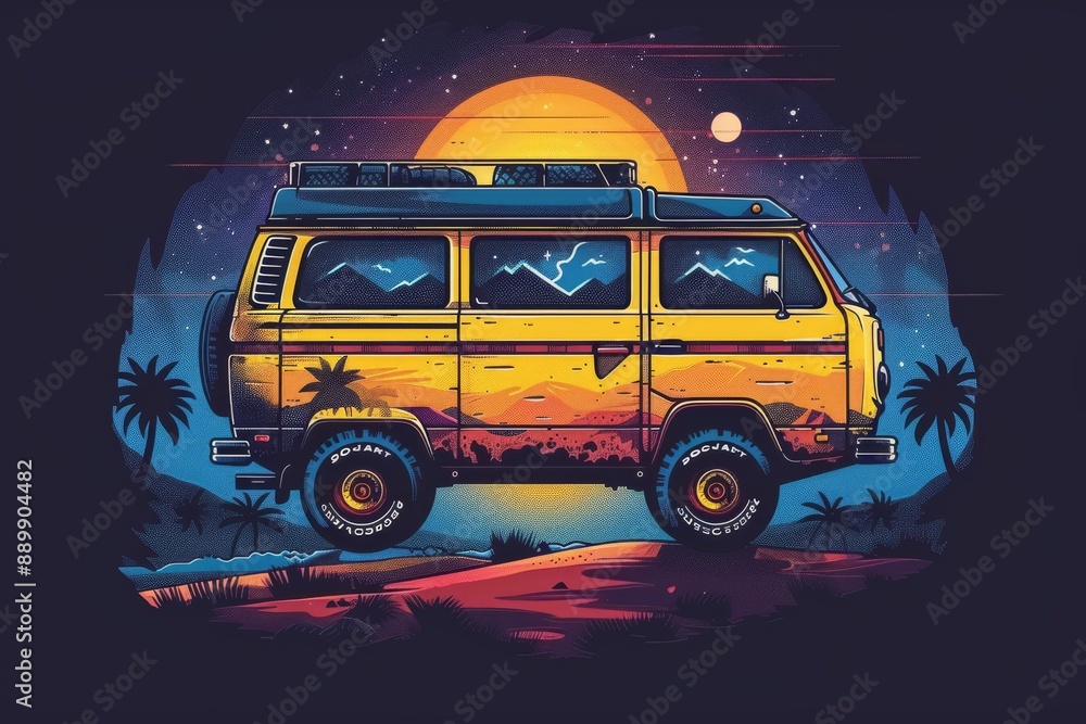 Poster retro van with palm trees and sunset background capturing nostalgia and adventure in a vibrant and a