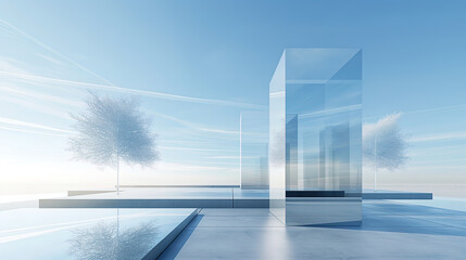 Obraz premium futuristic surreal space with abstract glass architecture and concrete floor against the blue sky
