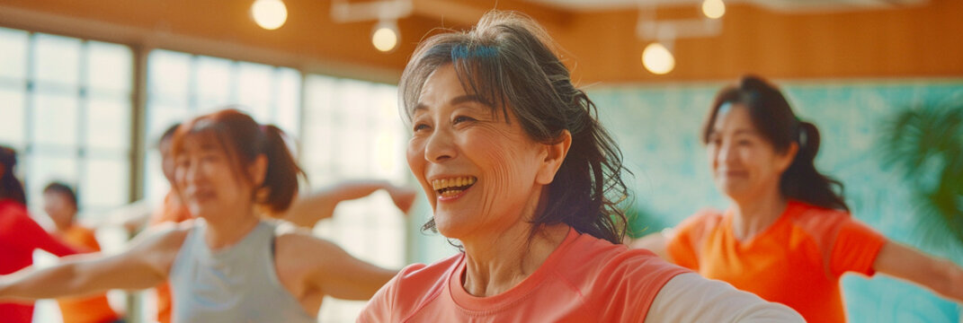 Senior women dancing together in gym cla