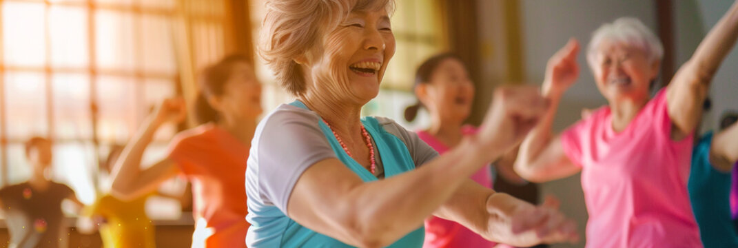A happy senior woman doing Zumba in a gym class.