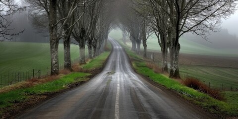 Fototapeta premium Early Spring: Foggy Road Through Trees