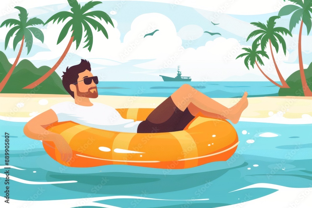 Poster man relaxing in inflatable ring on tropical water capturing leisure and summer vibes in a colorful a
