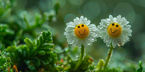 two daisies with smiley faces, with dewdrops on them, generative AI