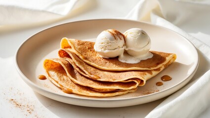 Vibrant Crepes with Caramel Sauce and Vanilla Ice Cream on Creamy White Backdrop, Featuring Minimalist Photography Style and Warm Golden Hues for a Simple and Elegant Scene!