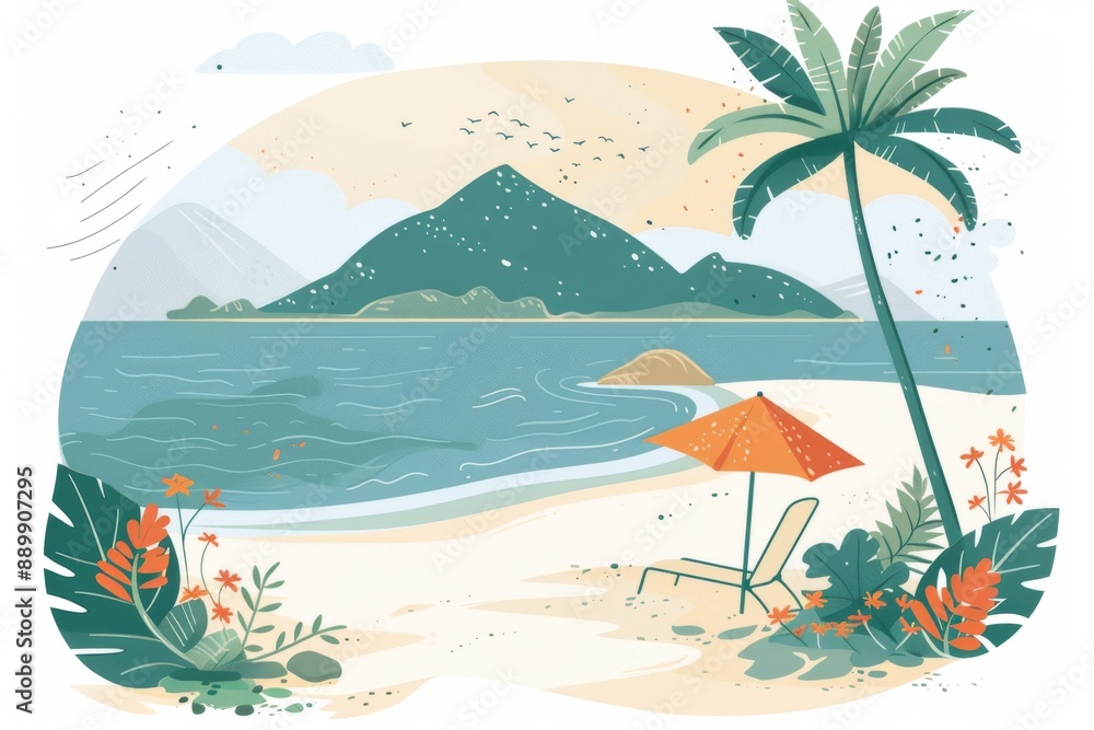 Poster minimalistic beach illustration with umbrella boat and mountains capturing simplicity and tranquilit