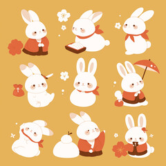 ウサギのイラスト。雪ウサギ。冬。年賀状。卯年。干支