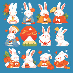 ウサギのイラスト。雪ウサギ。冬。年賀状。卯年。干支