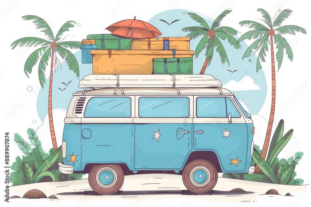 Poster retro van with surfboards and palm trees capturing adventure and nostalgia in a vibrant and artistic