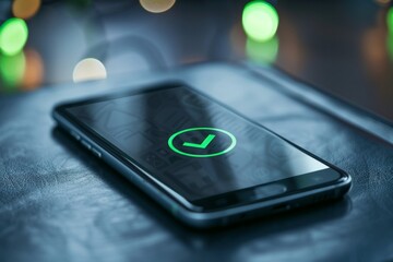 A smartphone screen displaying a green tick icon.