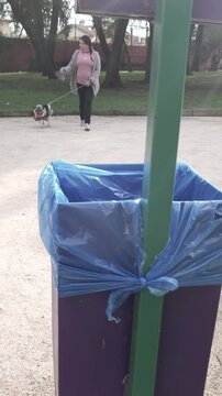 Latina woman walking her Pug in the park, demonstrating responsibility by disposing of pet waste in a bin as a preventive measure against diseases. 4K video
