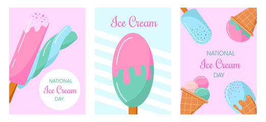 National Ice Cream Day. Set of greeting cards, poster, banner. Vector illustration