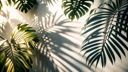 This captivating background features a mesmerizing blend of tropical leaves casting delicate shadows on a pristine white wall, creating a touch of natural elegance for any design project.