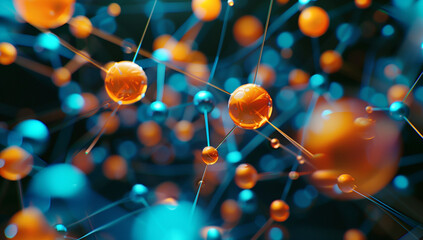A network of interconnected orange and blue spheres representing nodes, with some glowing yellow edges between them, creating an intricate web-like structure in the background