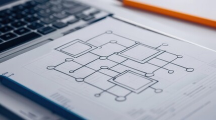 Detailed engineering diagram on a laptop screen with an orange pencil, emphasizing planning and design in technology.