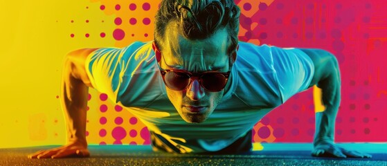 Dynamic Fitness Enthusiast Doing Push-Ups in Vibrant Pop Art Style Background