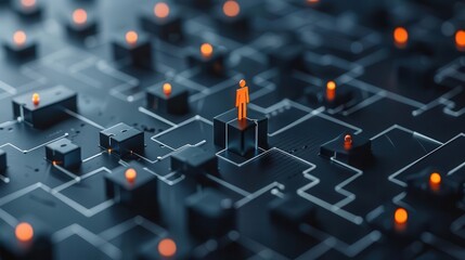 Miniature figure standing on a complex circuit board with glowing lights, representing technology and innovation.