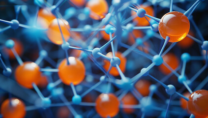 
A network of interconnected orange and blue spheres representing data points, forming an intricate web or mesh structure. The scene is captured in a close-up view with shallow depth of field to empha