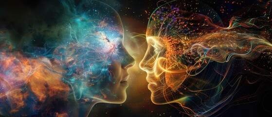 Fototapeta premium Abstract Digital Art of Two Human Faces with Vibrant Colors and Light Effects Representing Connection and Creativity