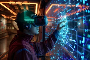 Man using VR headset to interact with AI data, illustrating the integration of virtual reality and artificial intelligence in modern technology
