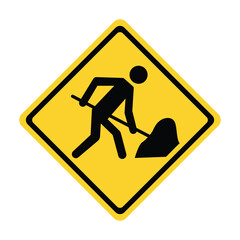 road sign depicting man working with shovel, road work, repair ahead, alert drivers and pedestrians about ongoing construction or maintenance on the road