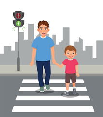 Cute little boy and his father crossing the road on zebra crossing © Tenstudio