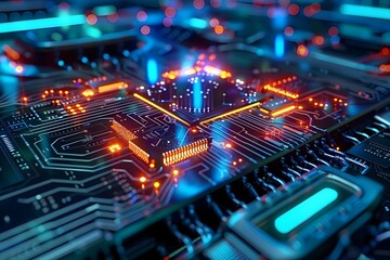 Obraz premium AI powered circuit board, digital transformation, tech innovation, advanced computing, high tech, futuristic, artificial intelligence, cybernetics, smart solutions, glowing, technology