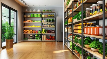 Fototapeta premium Modern pantry with neatly organized shelves stocked with various groceries, fresh vegetables, fruits, and neatly labelled jars.