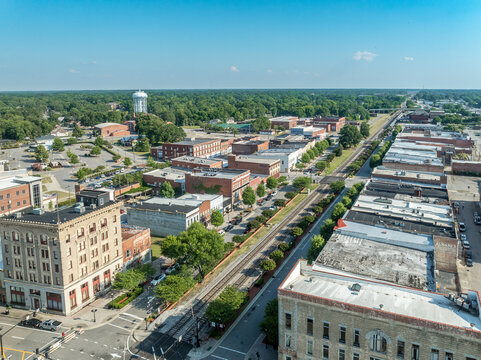 Aerial view of Rocky Mount Nash County North Carolina, typical small town USA with main street, Methodist church, public buildings