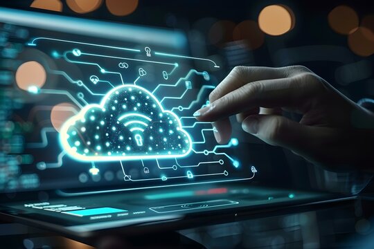 Hand interacting with a digital cloud padlock on a touchscreen, symbolizing secure data storage and advanced cybersecurity measures